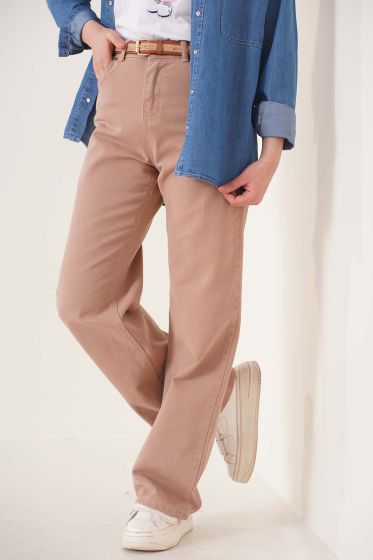 Yüksek Bel İspanyol Paça Latte Jean - Kot Pantolon