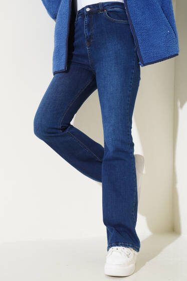 Yüksek Bel İspanyol Paça Pantolon Koyu Mavi - Pantolon