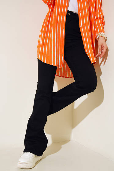 Yüksek Bel İspanyol Paça Pantolon Siyah - Kot Pantolon