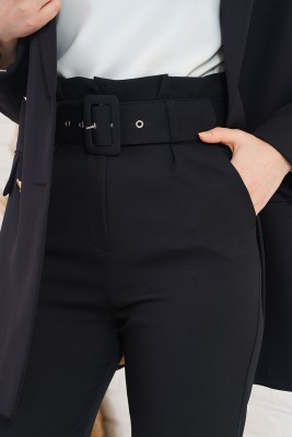 Yüksek Bel Kemerli Siyah Pantolon - Thumbnail
