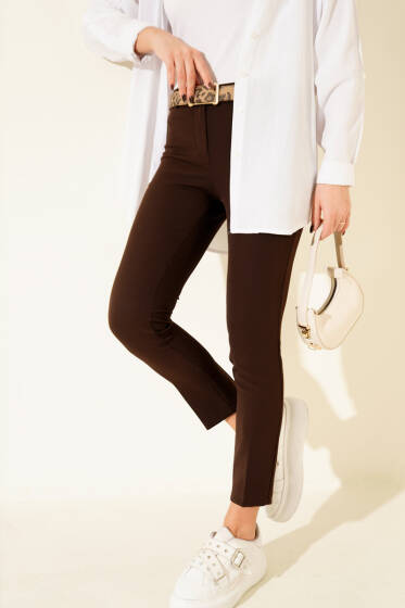 Yüksek Bel Kemerli Kahve Pantolon - Pantolon