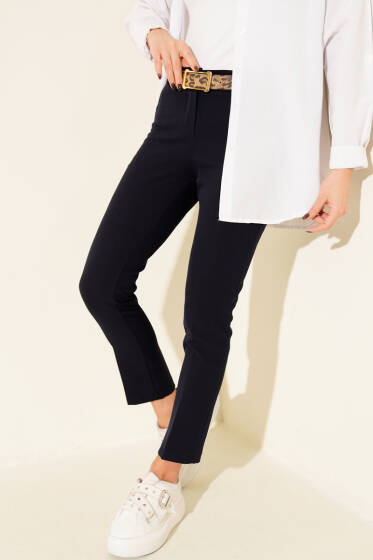 Yüksek Bel Kemerli Lacivert Pantolon - Pantolon