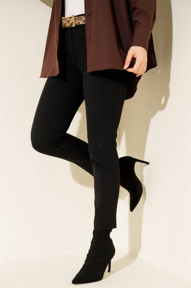 Yüksek Bel Kemerli Siyah Pantolon - Pantolon