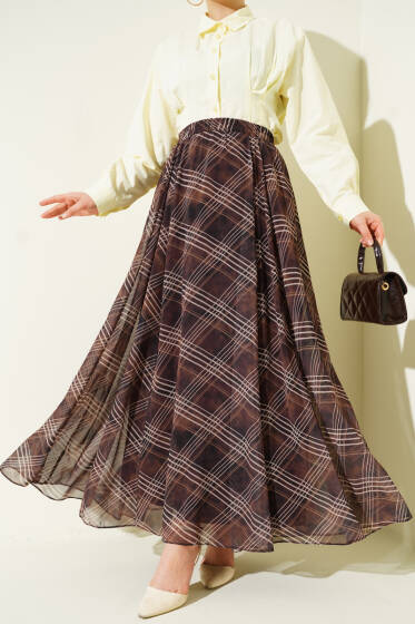 Yüksek Bel Lastikli Ekose Etek Camel - Etek