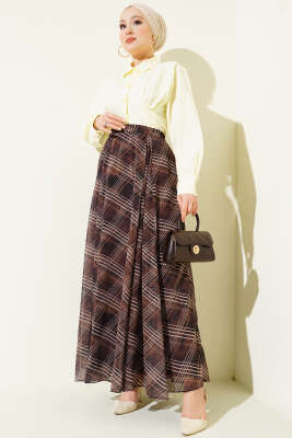 Yüksek Bel Lastikli Ekose Etek Camel - Etek