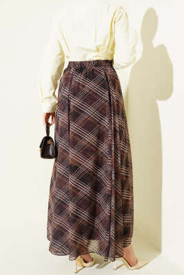 Yüksek Bel Lastikli Ekose Etek Camel - Etek