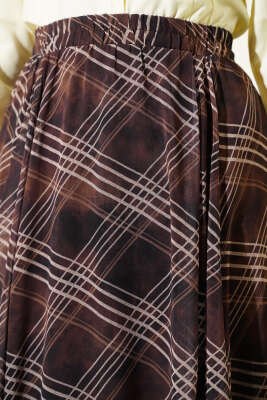 Yüksek Bel Lastikli Ekose Etek Camel - Etek