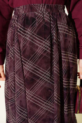 Yüksek Bel Lastikli Ekose Etek Lila - Etek