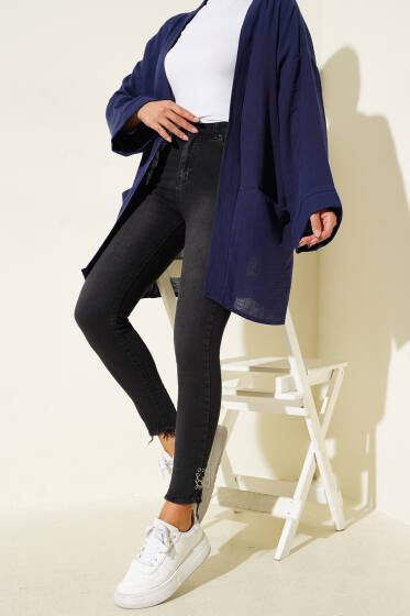 Yüksek Bel Paça Püsküllü Pantolon Siyah - Pantolon