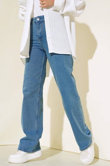 Yüksek Bel Palazzo Kot Pantolon Açık Mavi - Kumaş Pantolon