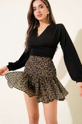 Yüksek Bel Şifon Etek Leopar - QUZU