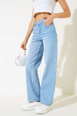 Yüksek Belli Palazzo Kot Pantolon Açık Mavi - Kadın Giyim Modelleri