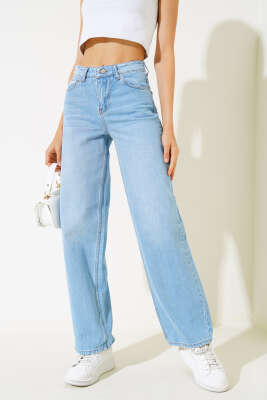 Yüksek Belli Palazzo Kot Pantolon Açık Mavi - Kadın Giyim Modelleri