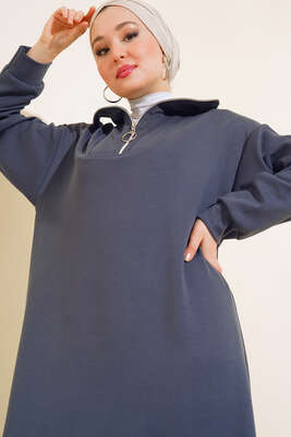 Yüksek Yaka Fermuarlı Elbise Antrasit - Tesettür Elbise
