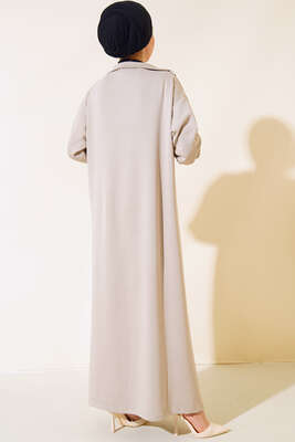 Yüksek Yaka Fermuarlı Elbise Bej - Thumbnail
