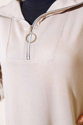 Yüksek Yaka Fermuarlı Elbise Bej - Tesettür Elbise