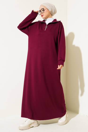 Yüksek Yaka Fermuarlı Elbise Bordo - Elbise