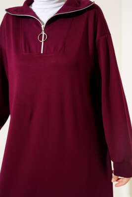 Yüksek Yaka Fermuarlı Elbise Bordo - Tesettür Elbise