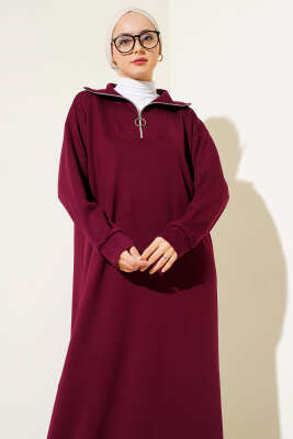 Yüksek Yaka Fermuarlı Elbise Bordo - Tesettür Elbise