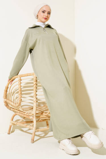 Yüksek Yaka Fermuarlı Elbise Çağla Yeşili - Elbise