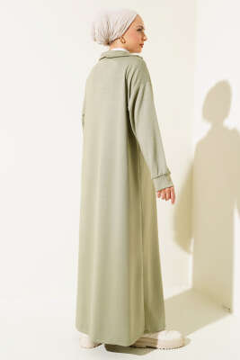 Yüksek Yaka Fermuarlı Elbise Çağla Yeşili - Tesettür Elbise