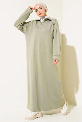 Yüksek Yaka Fermuarlı Elbise Çağla Yeşili - Tesettür Elbise