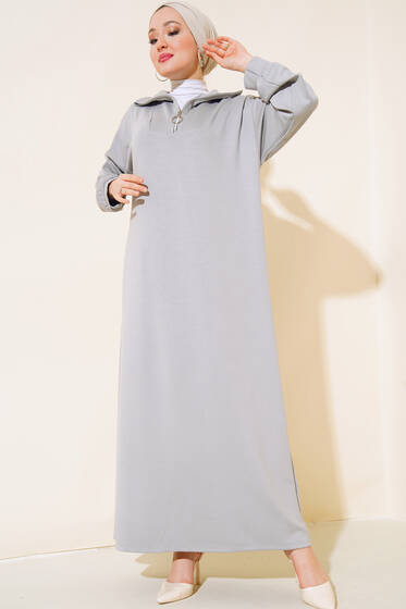 Yüksek Yaka Fermuarlı Elbise Gri - Elbise