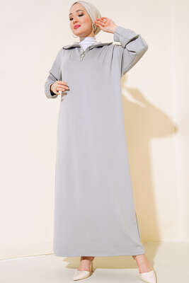 Yüksek Yaka Fermuarlı Elbise Gri 