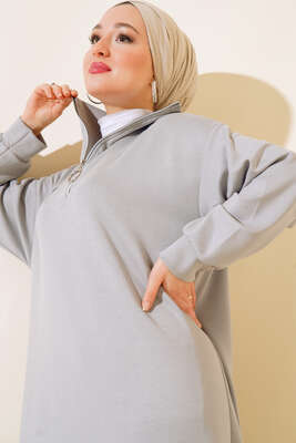 Yüksek Yaka Fermuarlı Elbise Gri - Tesettür Elbise