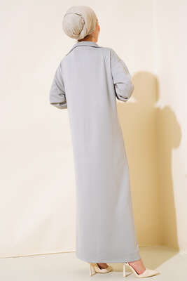 Yüksek Yaka Fermuarlı Elbise Gri - Tesettür Elbise