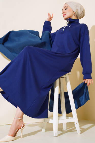 Yüksek Yaka Fermuarlı Elbise Lacivert - Elbise