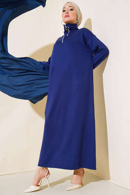 Yüksek Yaka Fermuarlı Elbise Lacivert - Tesettür Elbise