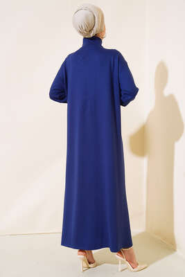 Yüksek Yaka Fermuarlı Elbise Lacivert - Tesettür Elbise