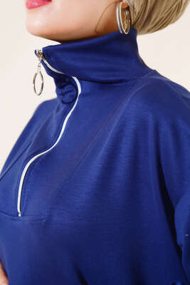 Yüksek Yaka Fermuarlı Elbise Lacivert - Tesettür Elbise