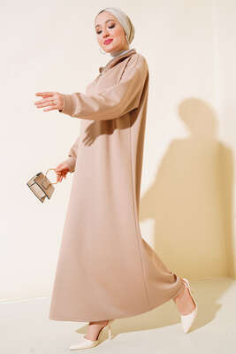 Yüksek Yaka Fermuarlı Elbise Latte 