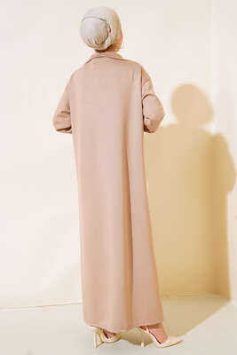 Yüksek Yaka Fermuarlı Elbise Latte - Tesettür Elbise