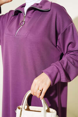 Yüksek Yaka Fermuarlı Elbise Magenta - Tesettür Elbise