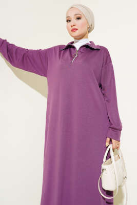 Yüksek Yaka Fermuarlı Elbise Magenta - Tesettür Elbise