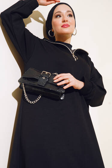 Yüksek Yaka Fermuarlı Elbise Siyah - Elbise