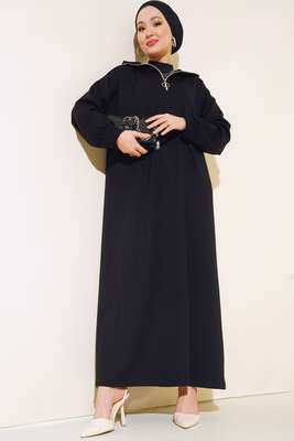 Yüksek Yaka Fermuarlı Elbise Siyah - Tesettür Elbise