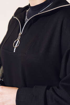 Yüksek Yaka Fermuarlı Elbise Siyah - Tesettür Elbise