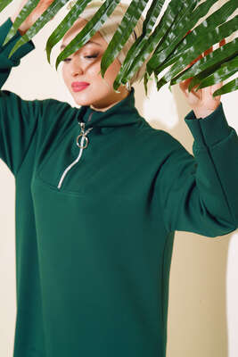 Yüksek Yaka Fermuarlı Elbise Zümrüt - Tesettür Elbise