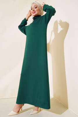 Yüksek Yaka Fermuarlı Elbise Zümrüt - Tesettür Elbise