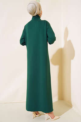 Yüksek Yaka Fermuarlı Elbise Zümrüt - Tesettür Elbise