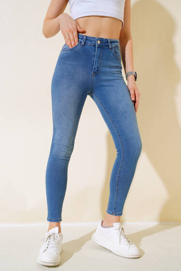 Yüksel Bel Dar Paça Kot Pantolon Mavi - Yeni Giyim