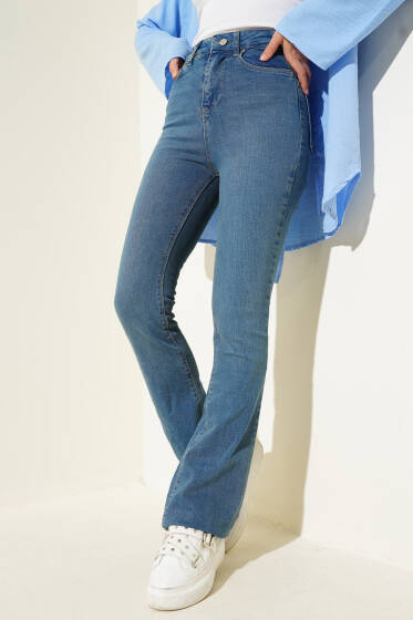 Yüksel Bel İspanyol Paça Pantolon Mavi Tint - Pantolon