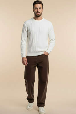 Yumoş Erkek Örme Triko Kazak Beyaz - Erkek Kazak