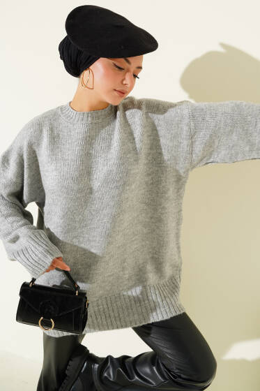 Yumoş Geniş Kollu Kazak Gri - Triko Kazak