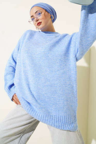Yumoş Geniş Kollu Kazak Mavi - Triko Kazak