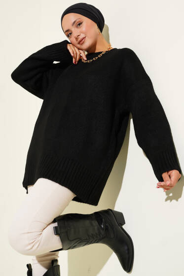 Yumoş Geniş Kollu Kazak Siyah - Triko Kazak